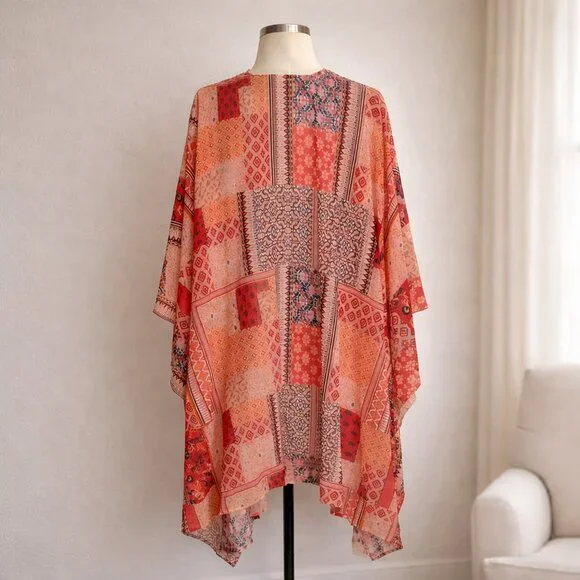 Orange Peach Patchwork Kimono Duster Size 1X - Picture 2 of 3